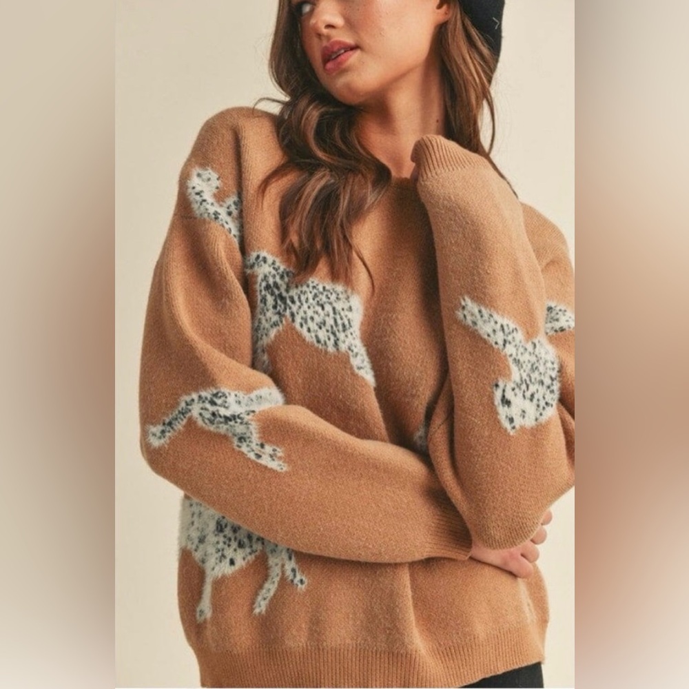 &merci Leaping Snow Leapord Brown Sweater Jungle Cat Size Small